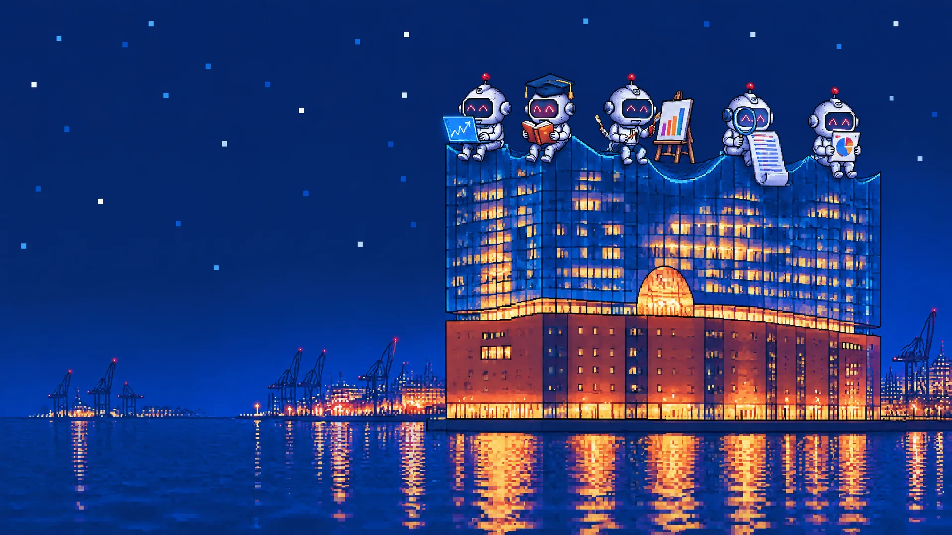Pixel art: five little robots sit on the wavy roof of the Elbphilharmonie at night, holding a laptop with a line chart, a book, a paint brush with an easel, a magnifying glass over a scroll of code and a report with a pie chart.