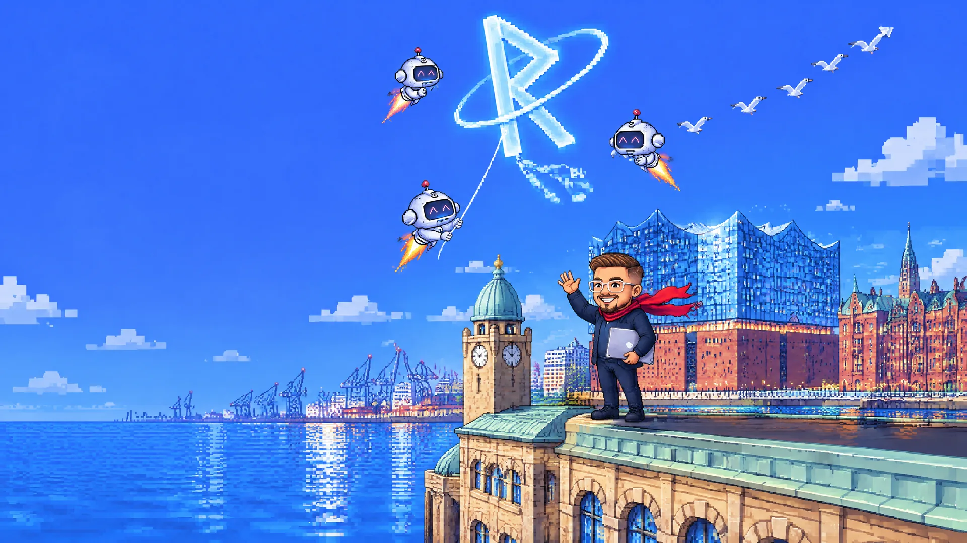 Pixel art in daylight: the ninja waves from the roof of the Landungsbrücken with a laptop under his arm, while little robots fly a kite shaped like the Rune symbol over Hamburg harbour.