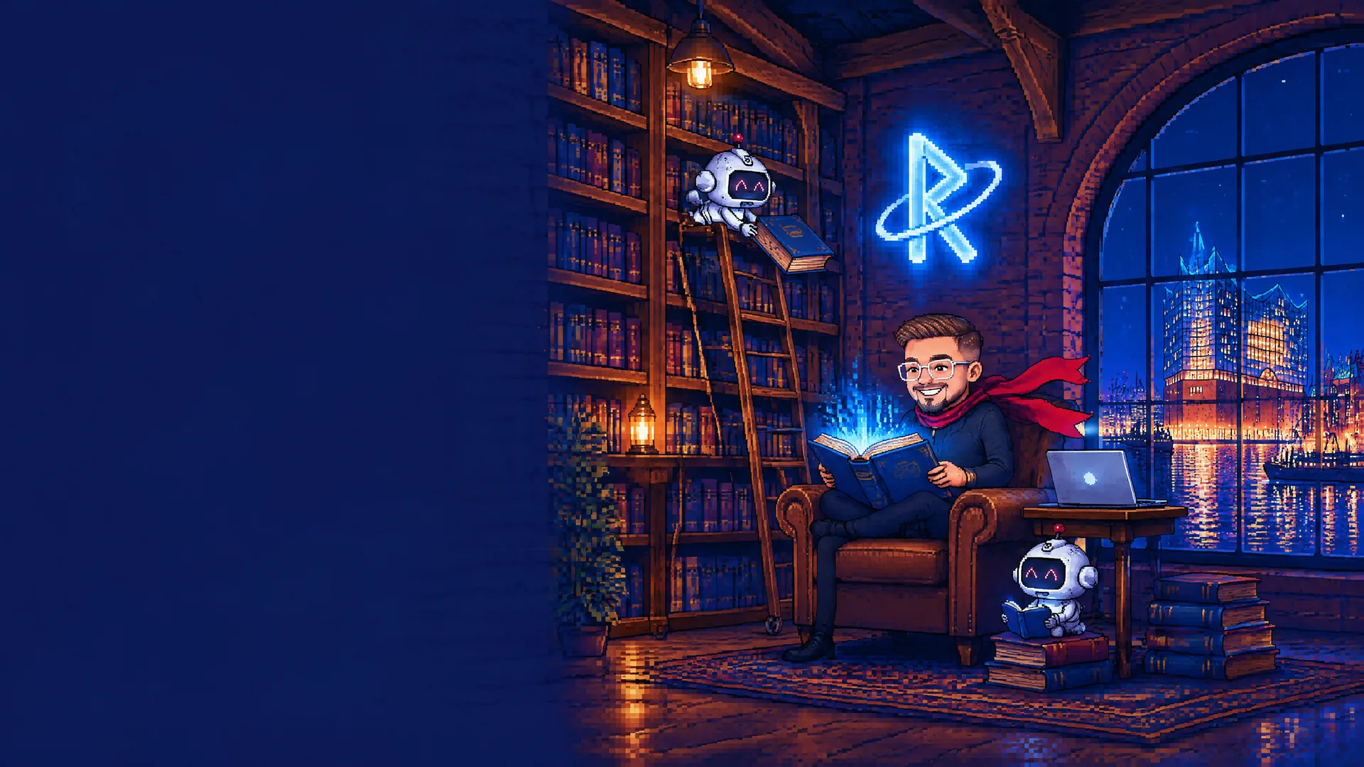 Pixel art: the ninja reads a glowing book in an armchair in a Speicherstadt warehouse library at night, while little robots fetch books from the shelves. Through the arched window the Elbphilharmonie is lit.