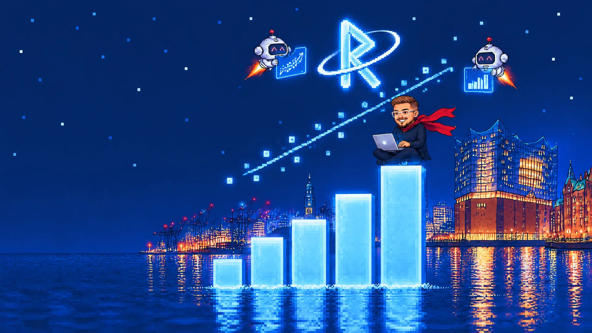 Pixel art: a ninja with a red scarf types on a laptop, sitting on the tallest bar of a glowing bar chart that rises out of Hamburg harbour at night. The stars above form a scatter plot with a regression line, and the Rune symbol glows over it all.