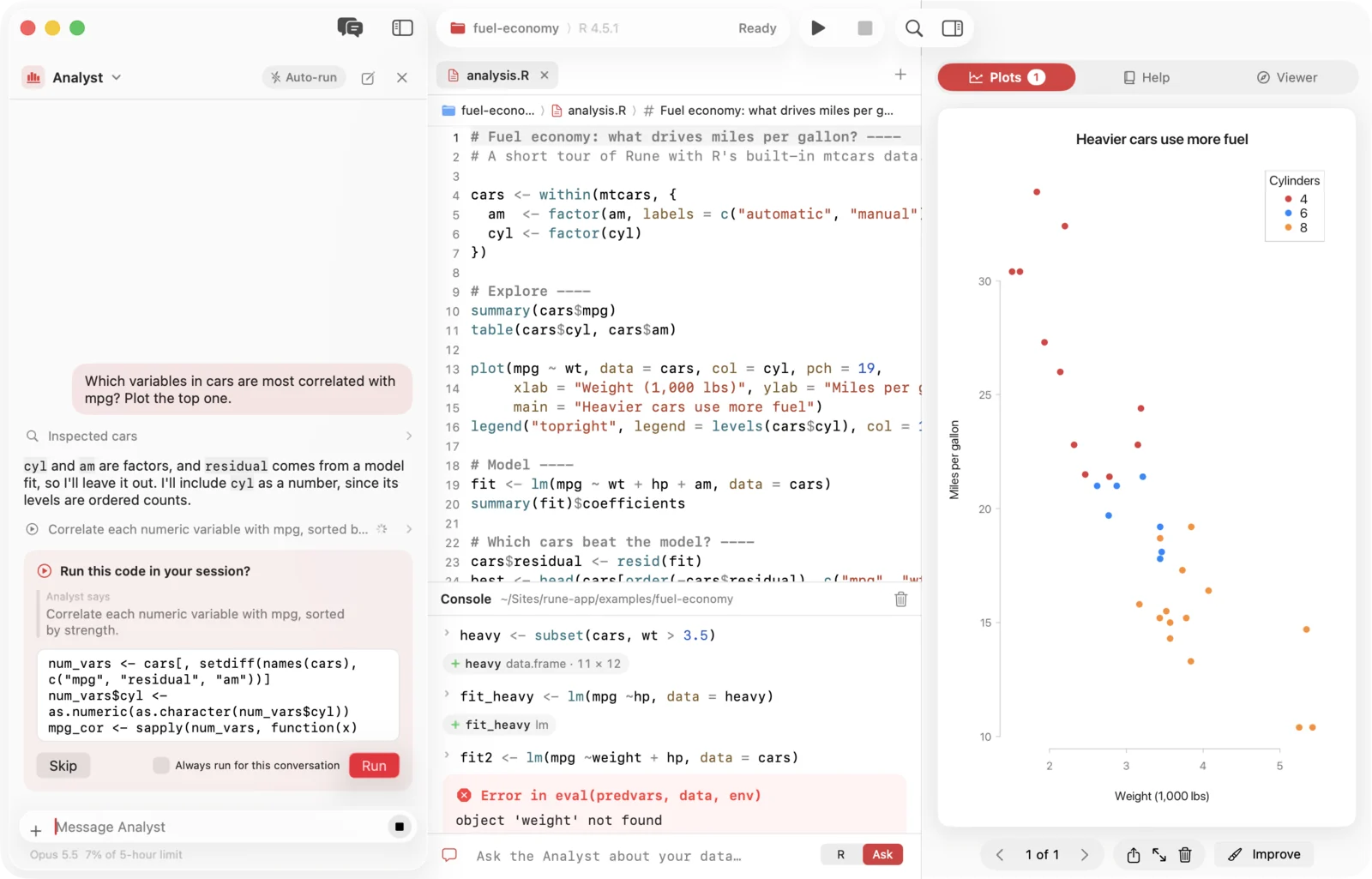 The Analyst asks: Run this code in your session? The card quotes what the Analyst wants to do and shows the code, with Skip and Run.