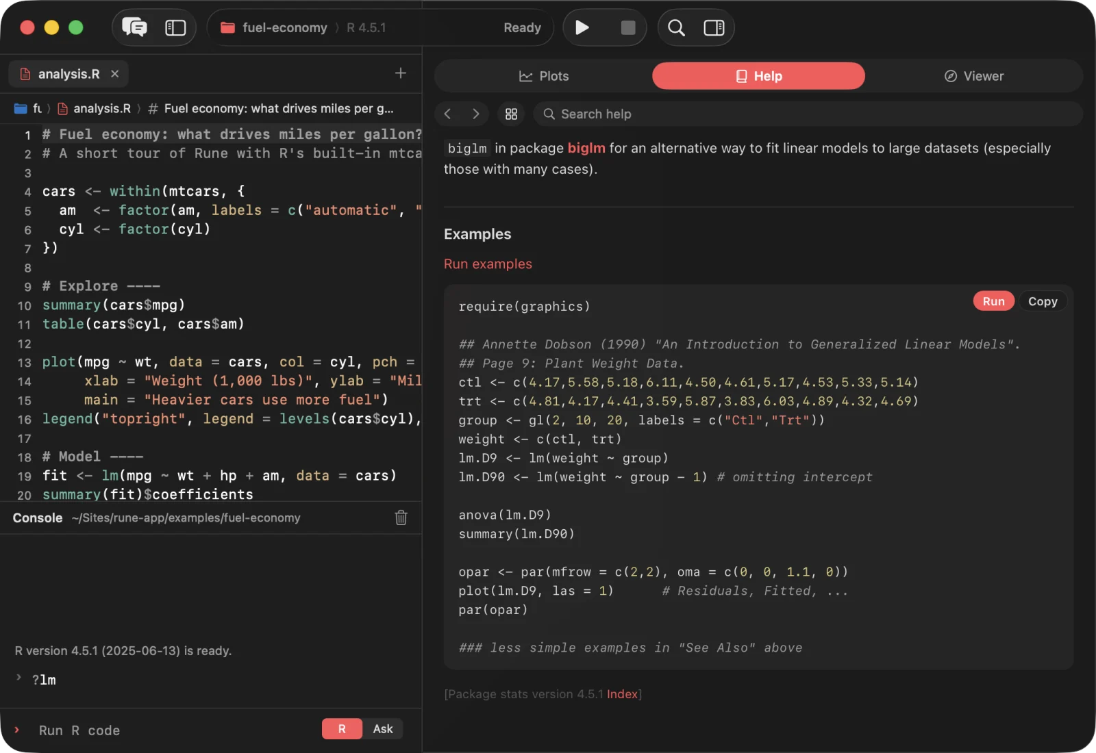 The native help pane in Rune showing the documentation of lm with Run and Copy buttons on the example.