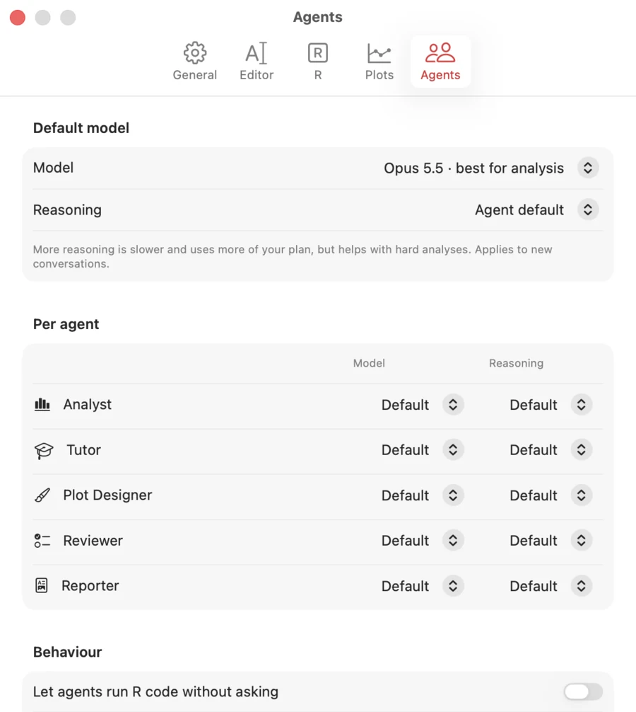 The Agents tab of Rune Settings: default model Opus 5.5, reasoning Agent default, a model and reasoning choice for each of the five agents, and the switch Let agents run R code without asking, turned off.