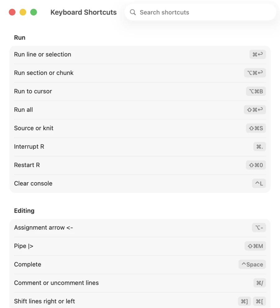 The Keyboard Shortcuts window with a search field and the Run and Editing groups.